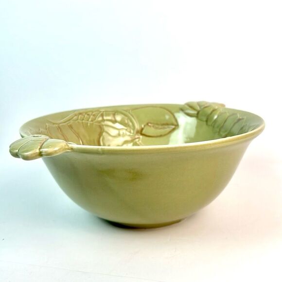 Magenta Pottery Handle Serving Salad Bowl Lobster Design Ceramic Olive Green - Picture 2 of 11